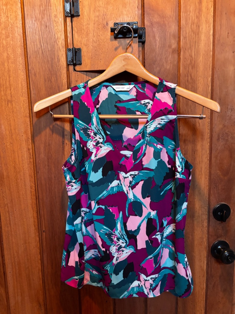 Nine West Teal Pink and Magenta Bird Print Sleeveless Blouse